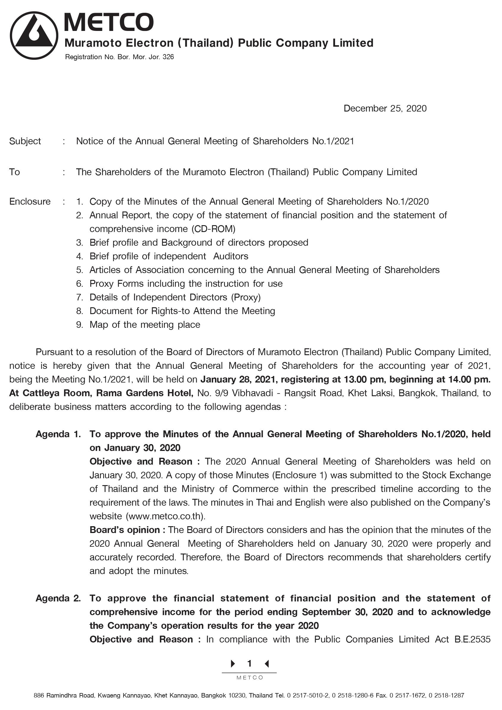 Notification letter of shareholders meeting No.1/2021