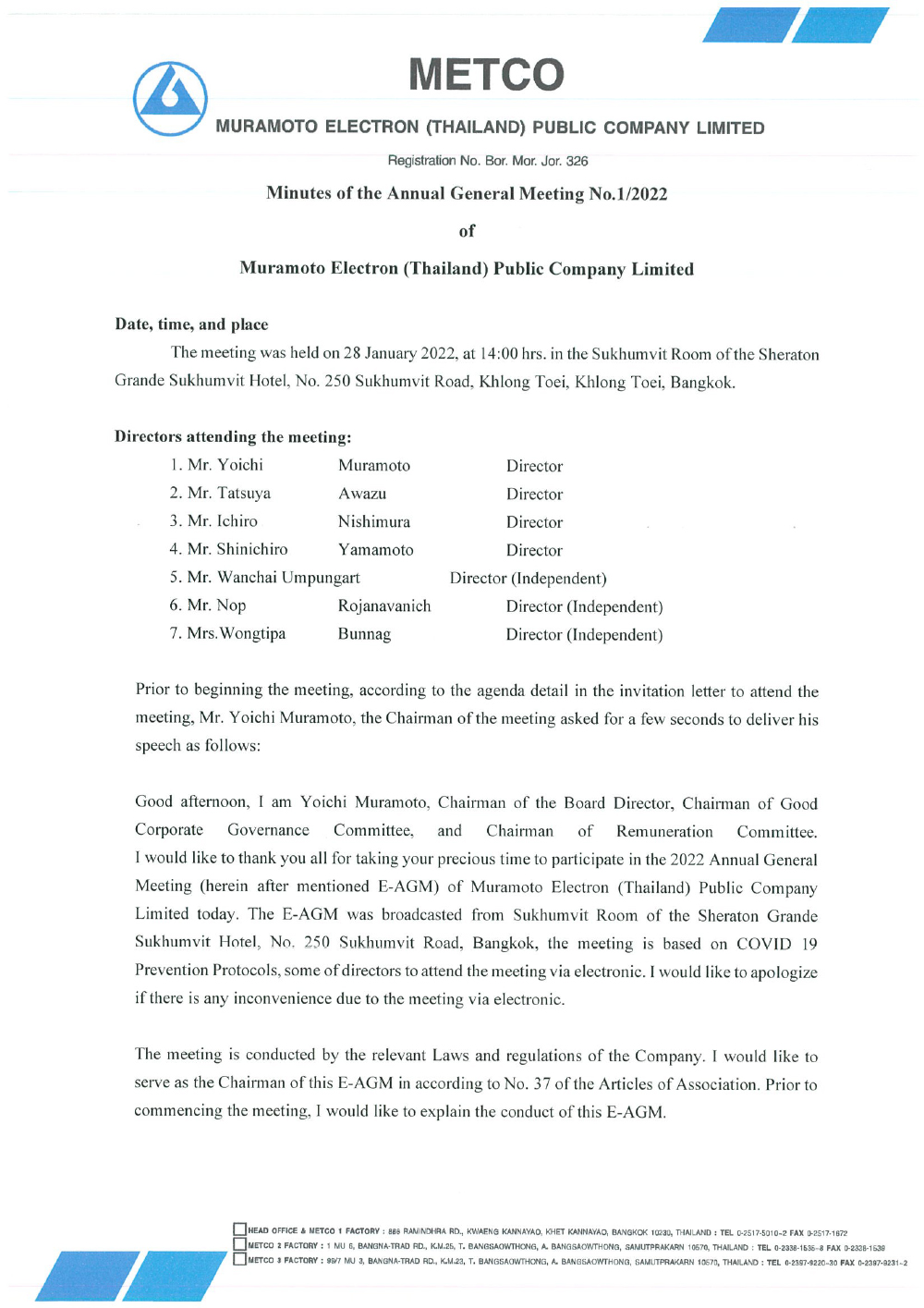 Minutes of the Annual General Meeting No.1/2022