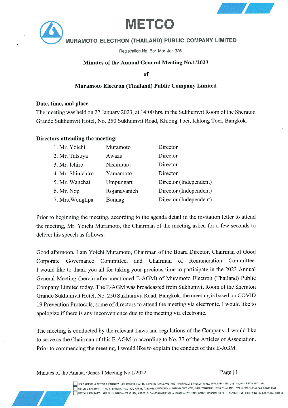 Minutes of the Annual General Meeting No.1/2023