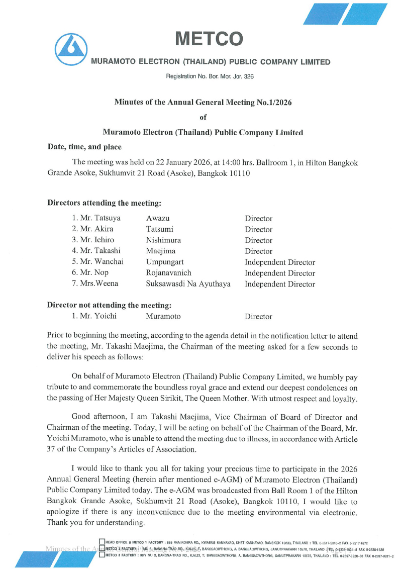 Minutes of the Annual General Meeting No.1/2026