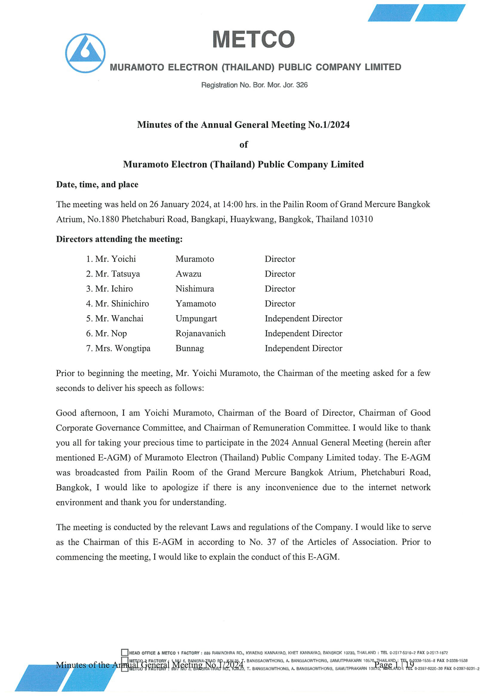 Minutes of the Annual General Meeting No.1/2024